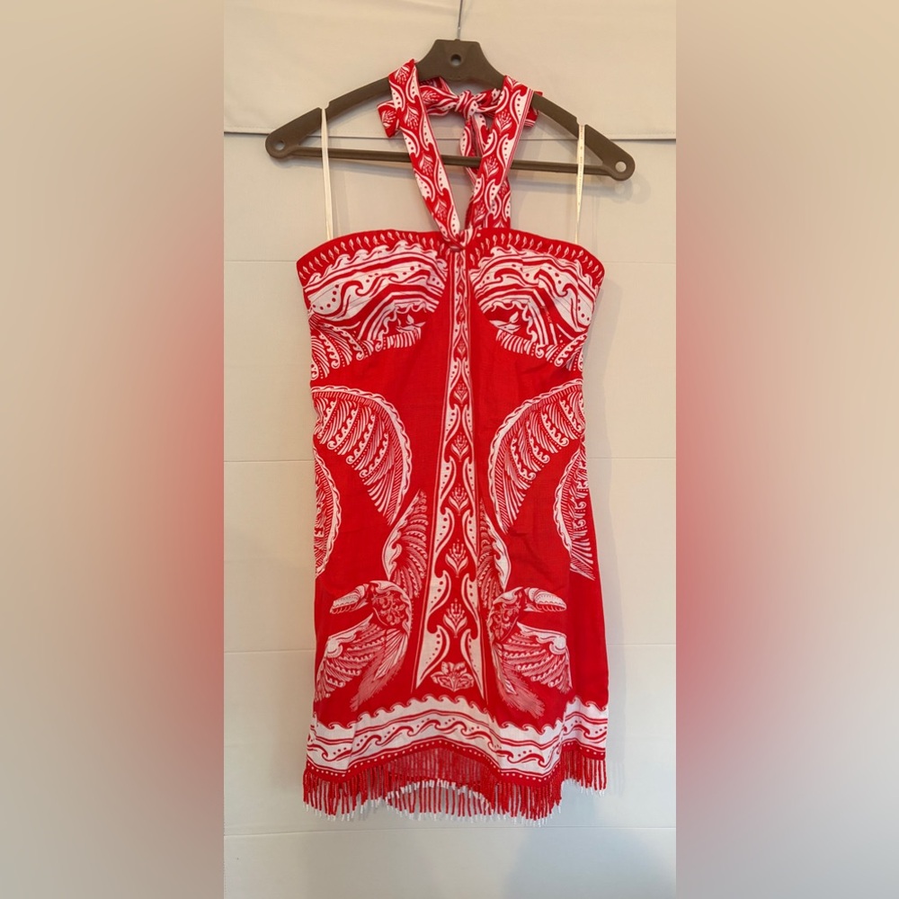 FARM Rio Red and White Mini Dress with Fringe